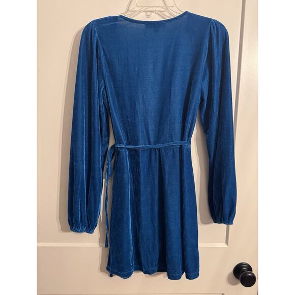 Lulu's Sz S Crushed Velvet Long Sleeve Wrap Dress Teal Homecoming Holiday - Picture 3 of 9